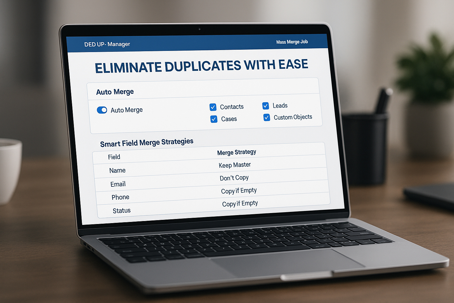 DEDUP-Manager Mass Merge Job configuration screen with field merge strategies on laptop