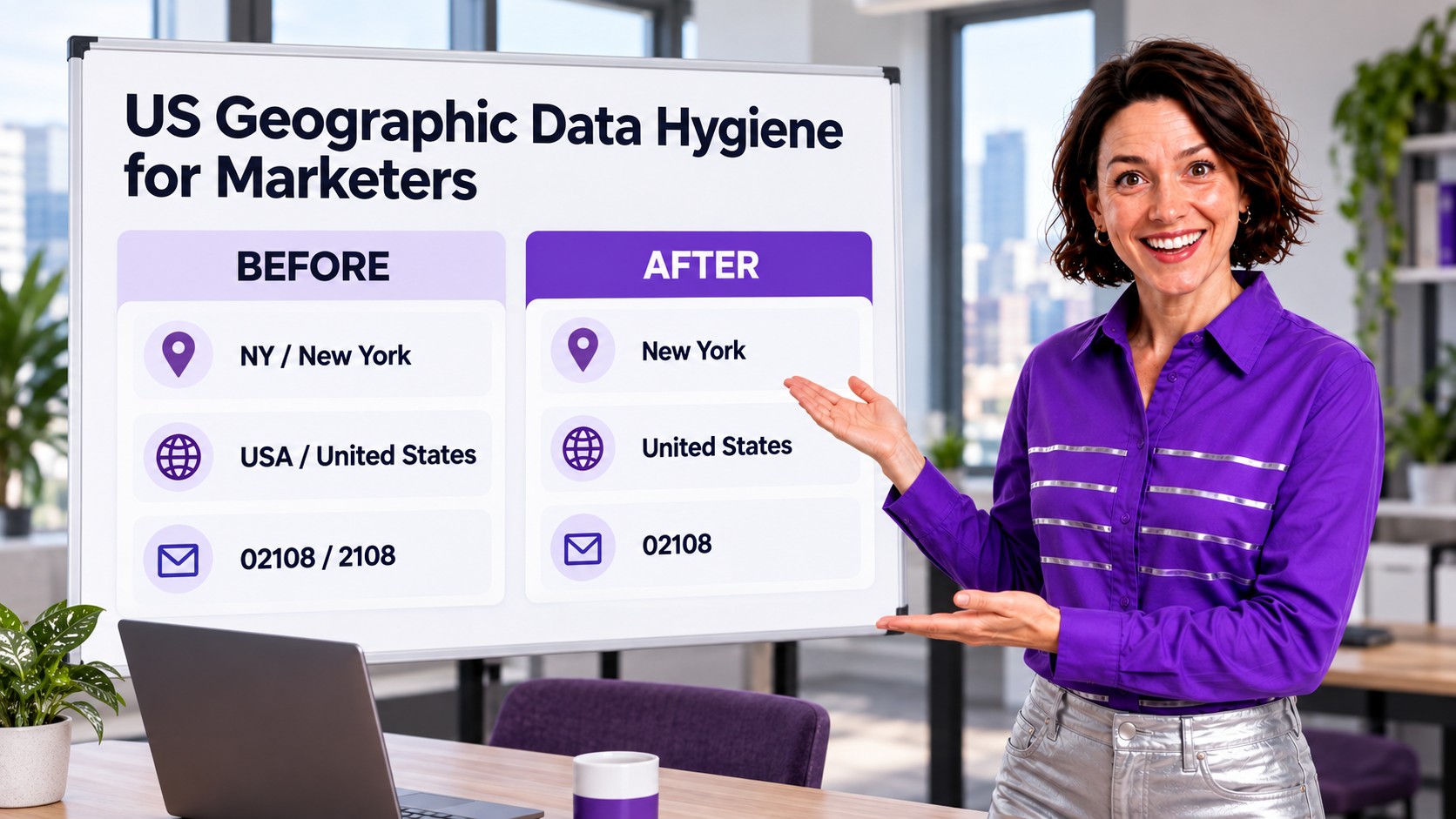 Marketer reviewing a before and after example of US state, country, and ZIP data cleanup