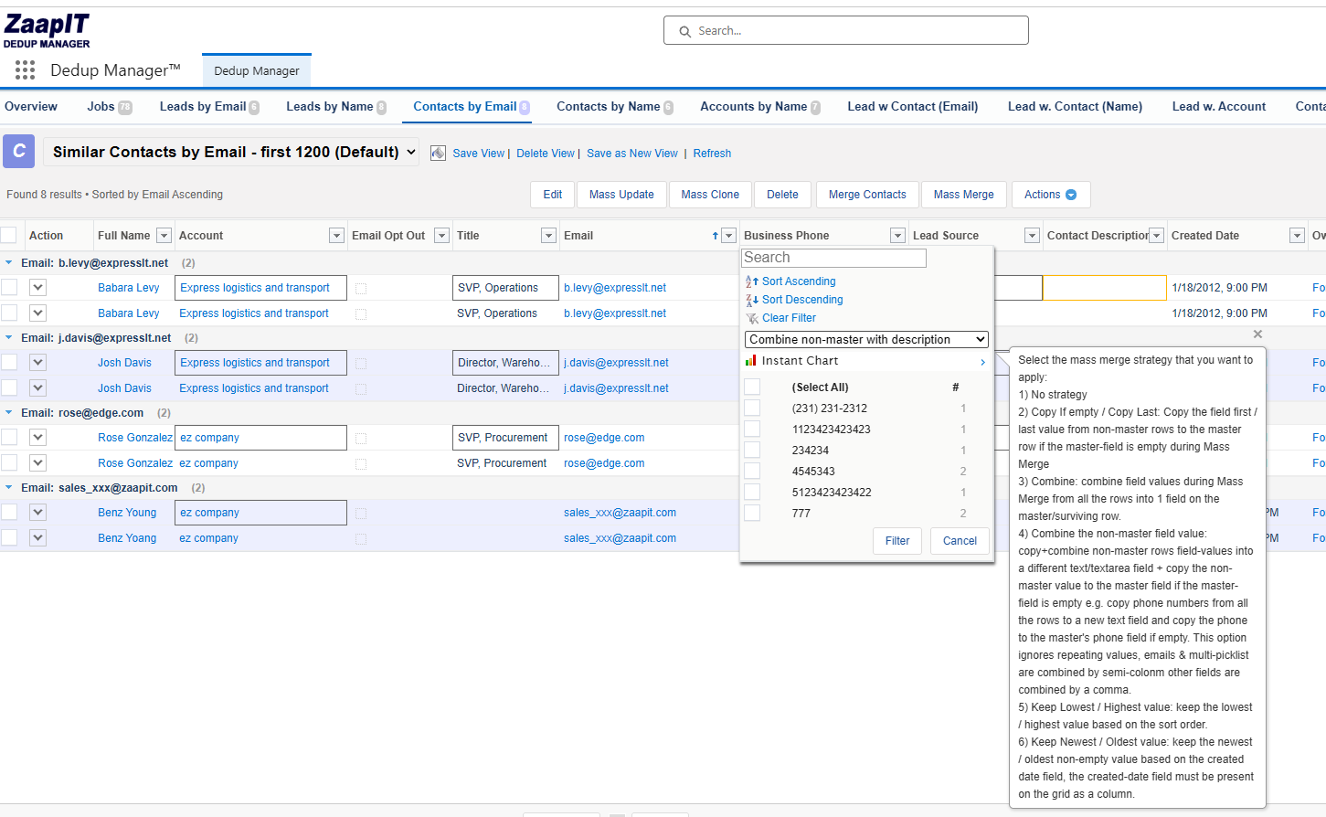 Contacts by Email results with a merge-strategy selector for each column