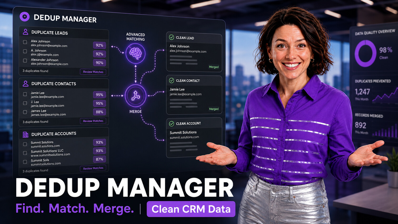 ZaapIT presenter showing Dedup Manager advanced matching for duplicate Salesforce records