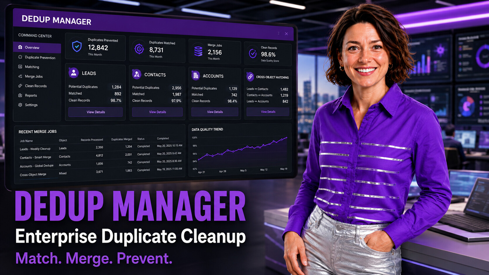 ZaapIT presenter showing Dedup Manager enterprise duplicate cleanup for Salesforce