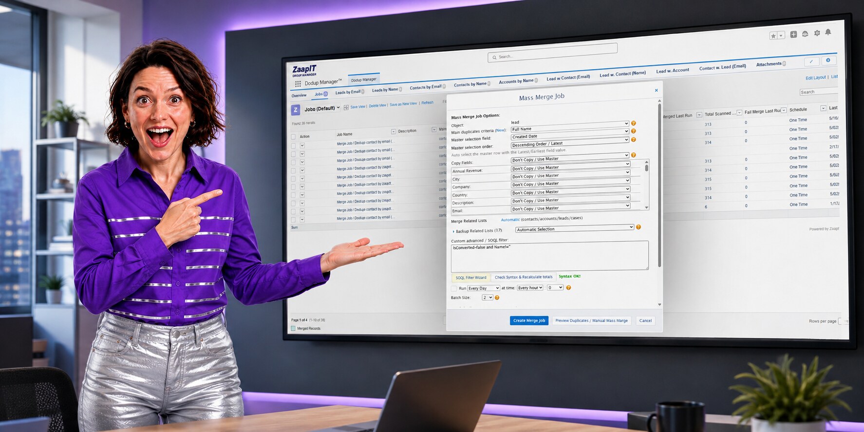 ZaapIT presenter beside a wall mounted screen showing a real DEDUP Manager Mass Merge Job screenshot