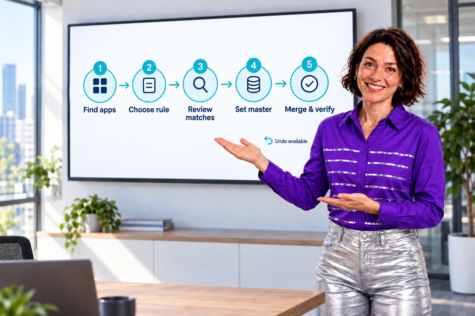 ZaapIT presenter beside a TV diagram showing the five steps from finding the apps to merging and verifying