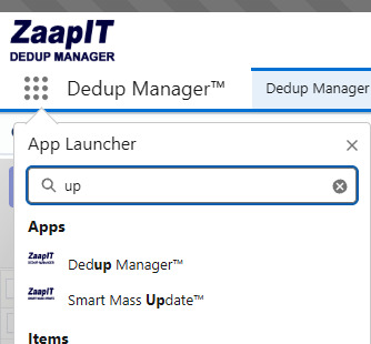 Salesforce App Launcher showing Dedup Manager and Smart Mass Update in Apps results