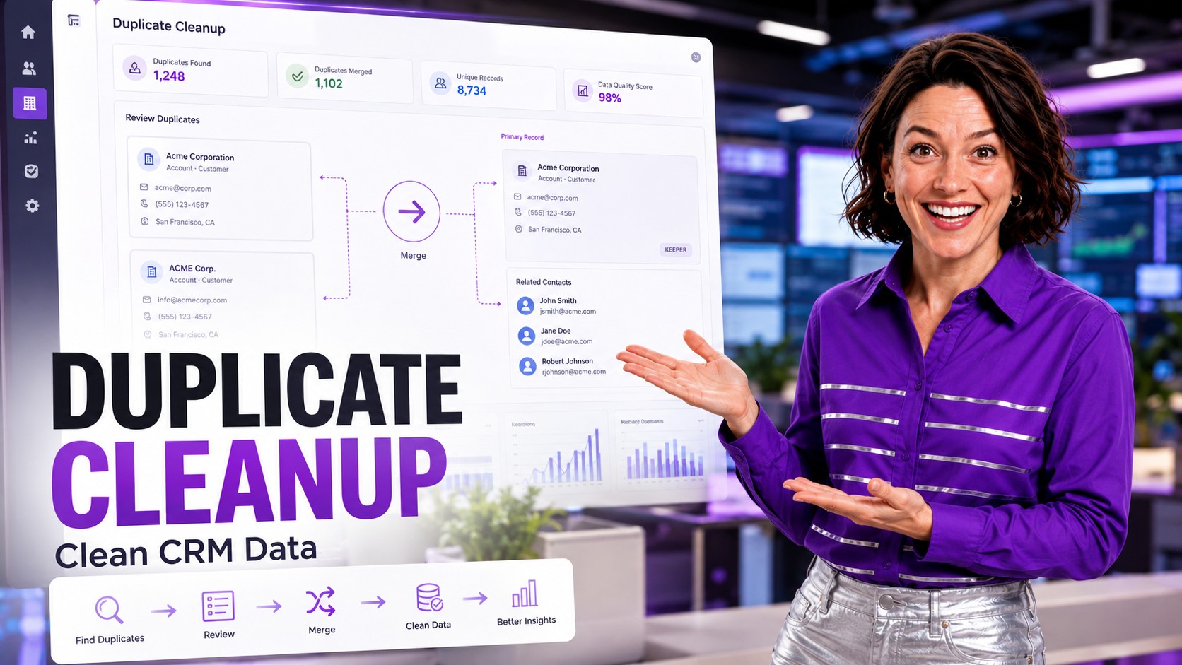 ZaapIT Salesforce duplicate cleanup hero showing clean CRM data and duplicate merge workflow