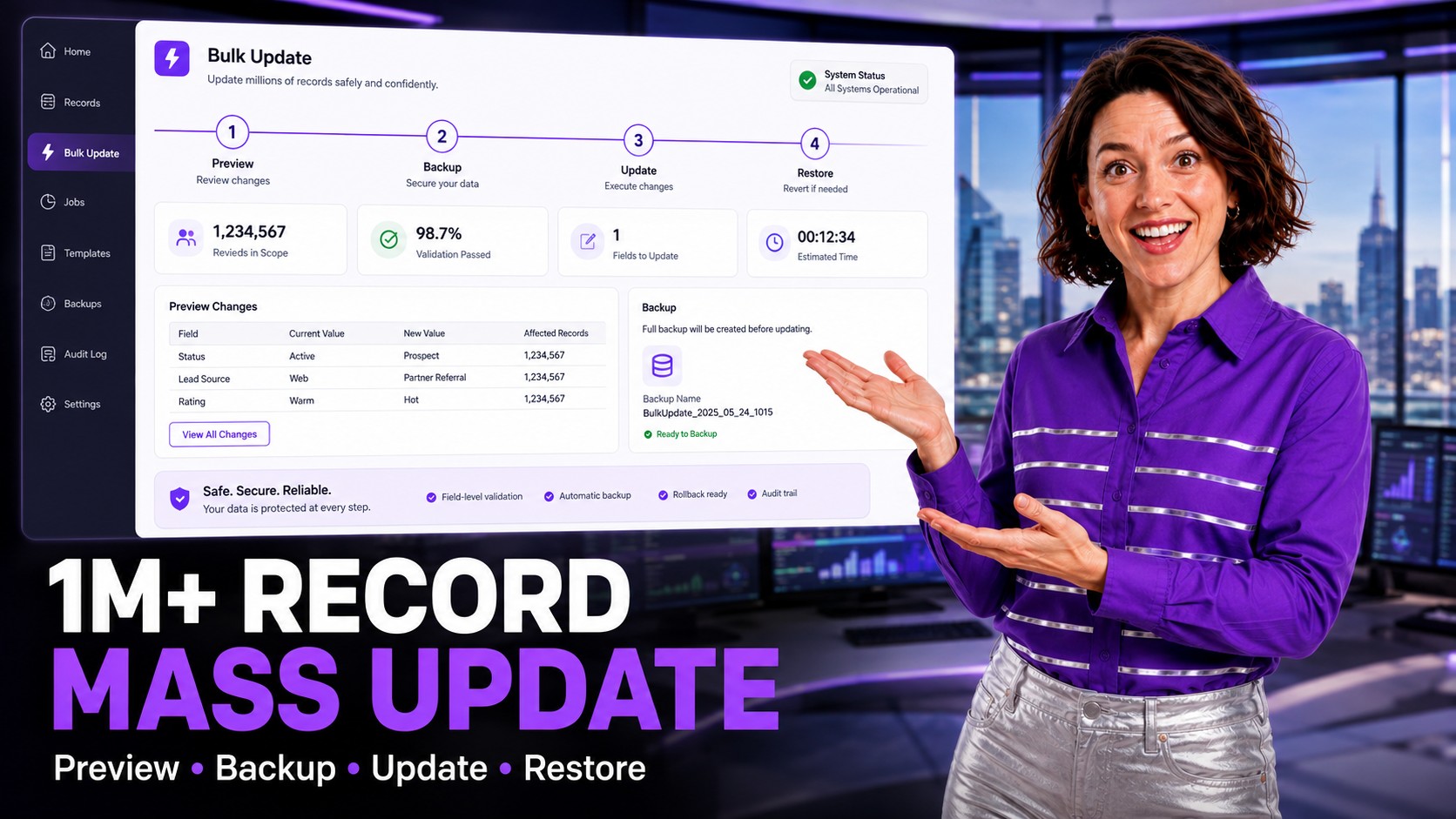 ZaapIT Mass Update hero showing a Salesforce admin bulk updating more than one million records