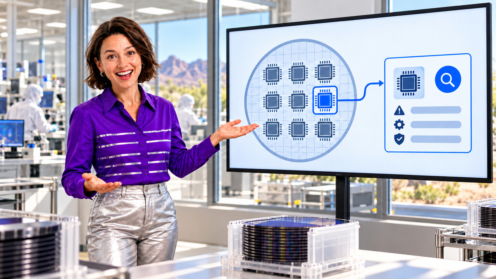 Presenter beside an illustrative wafer lot, individual device, and quality Case diagram