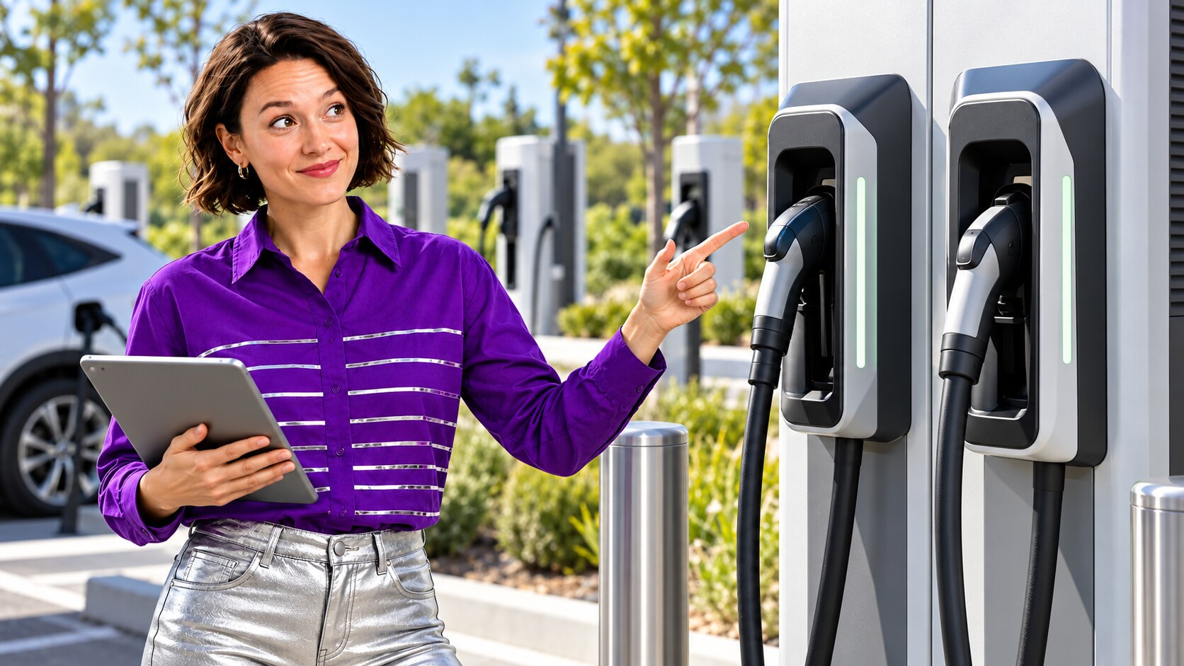 Presenter reviewing two EV charging connectors at a California charging site