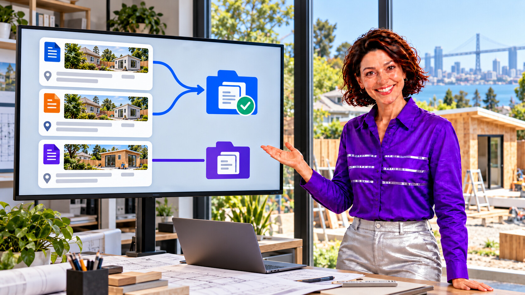 Presenter beside an illustrative screen grouping repeated ADU permit rows while preserving a separate project