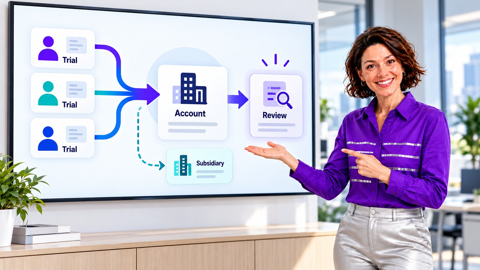 Presenter illustrating reviewed SaaS trial signups with a separate subsidiary Account