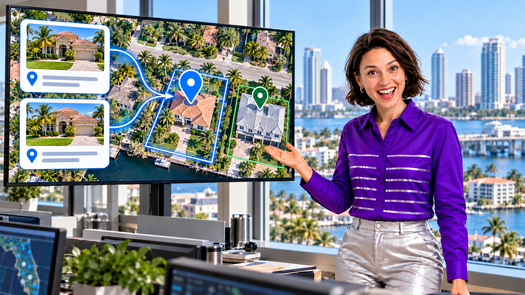 Presenter beside an illustrative Florida property map comparing one building with a separate nearby unit