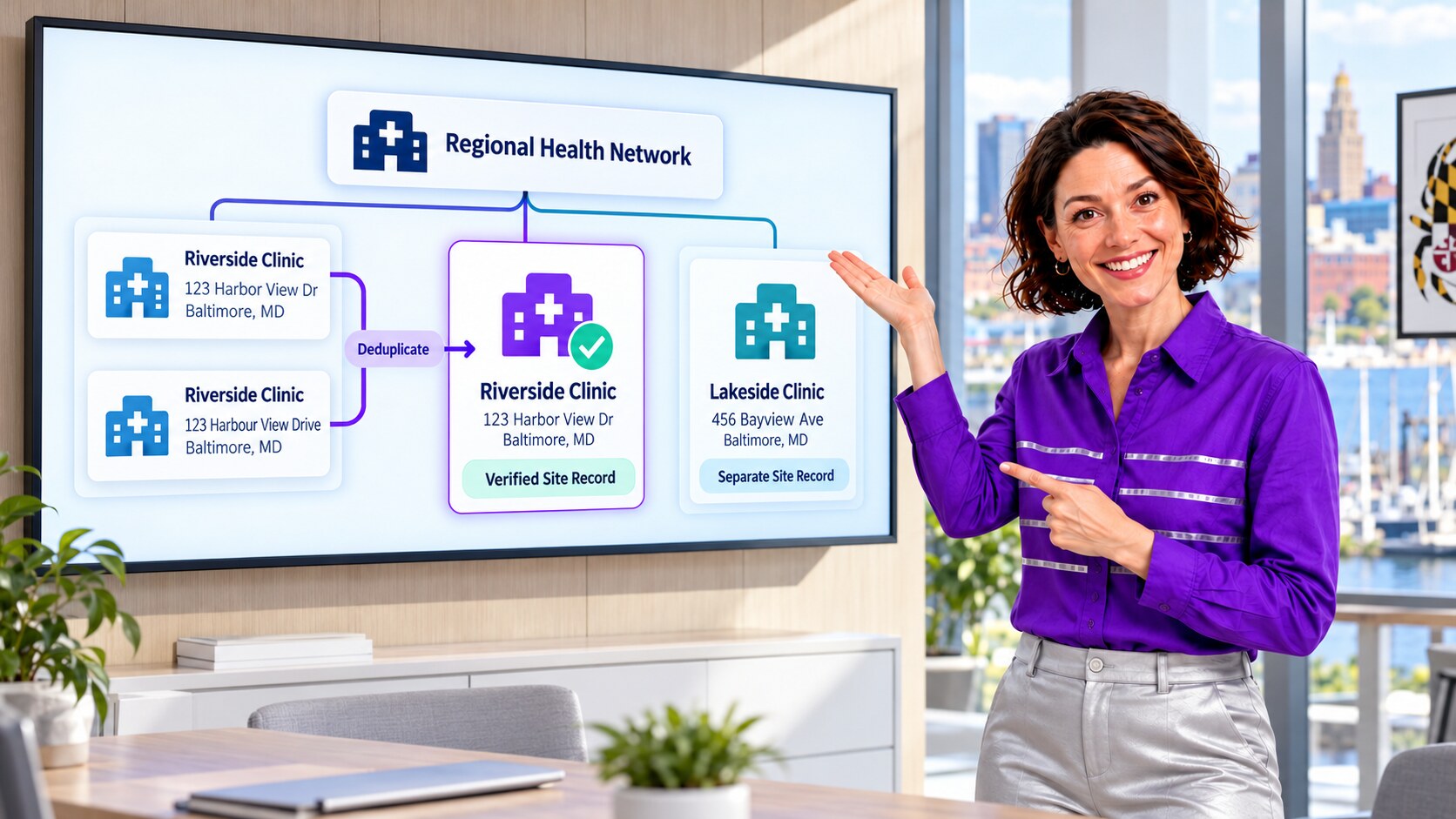 Presenter showing illustrative duplicate clinic records reconciled to one verified site while a separate site remains distinct