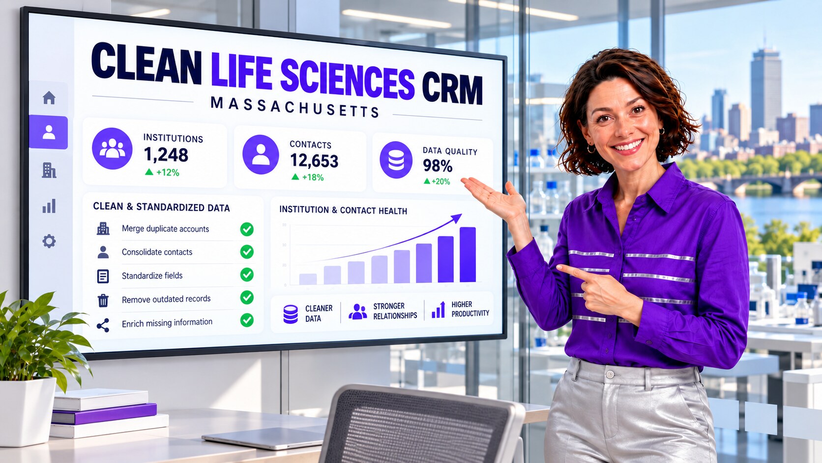 Presenter explaining clean Salesforce institution and contact data for Massachusetts life sciences