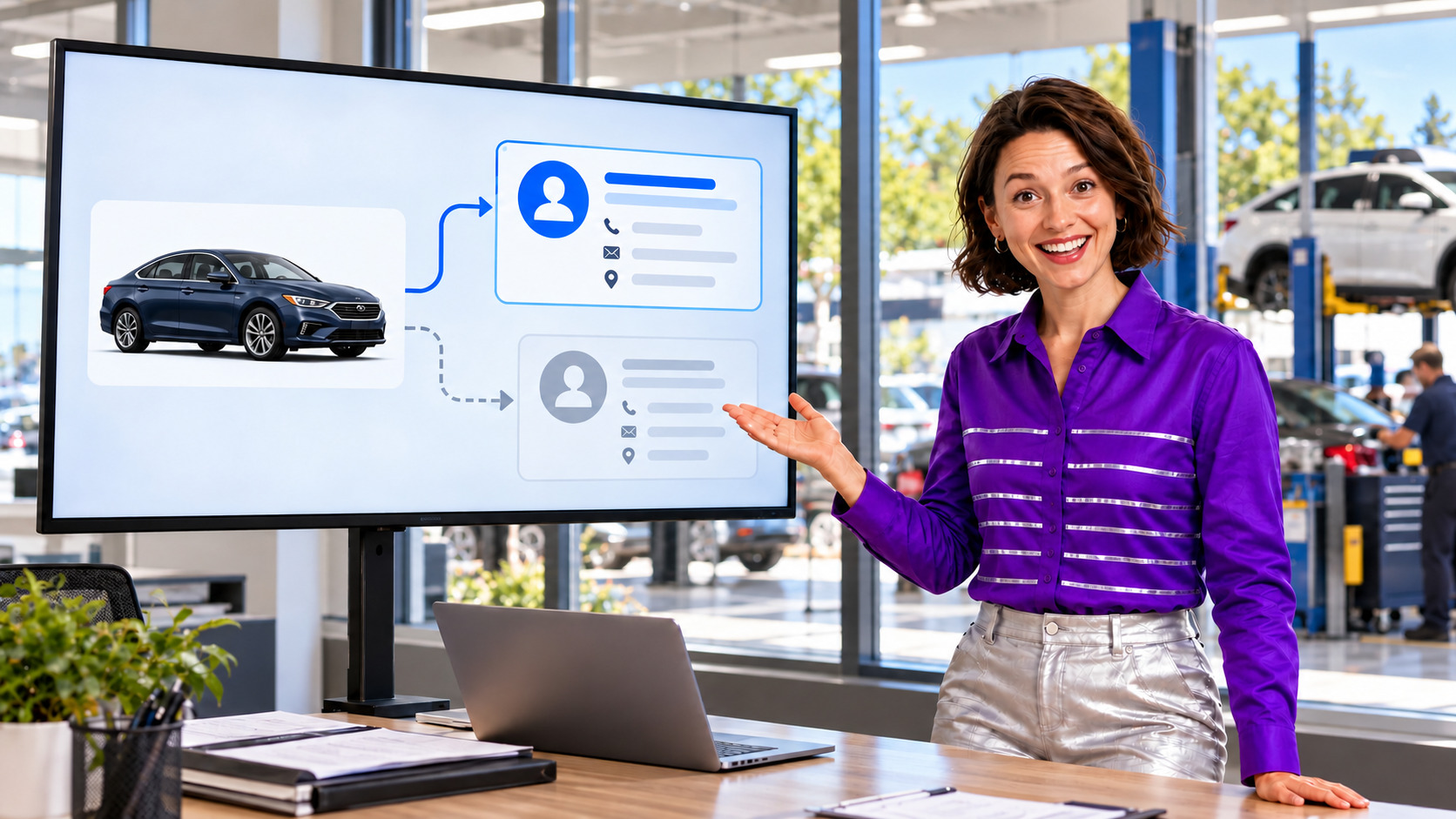 Presenter beside an illustrative vehicle-to-contact relationship screen in an auto service office