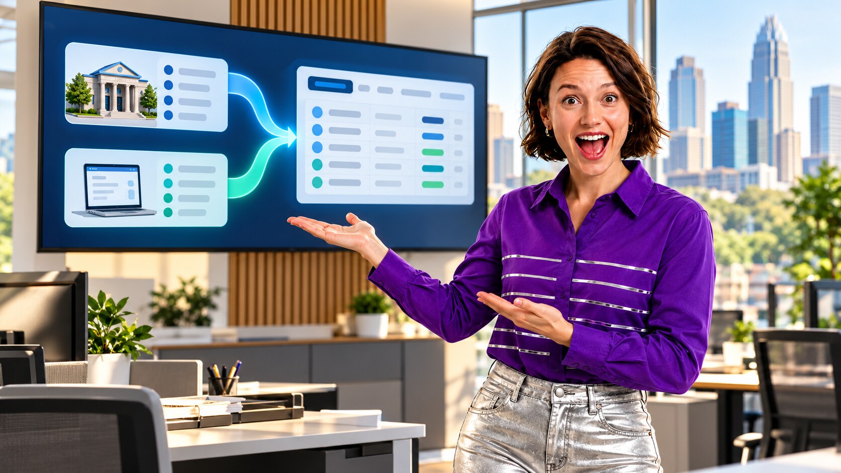 Presenter beside illustrative branch and online mortgage intake streams in a Charlotte office
