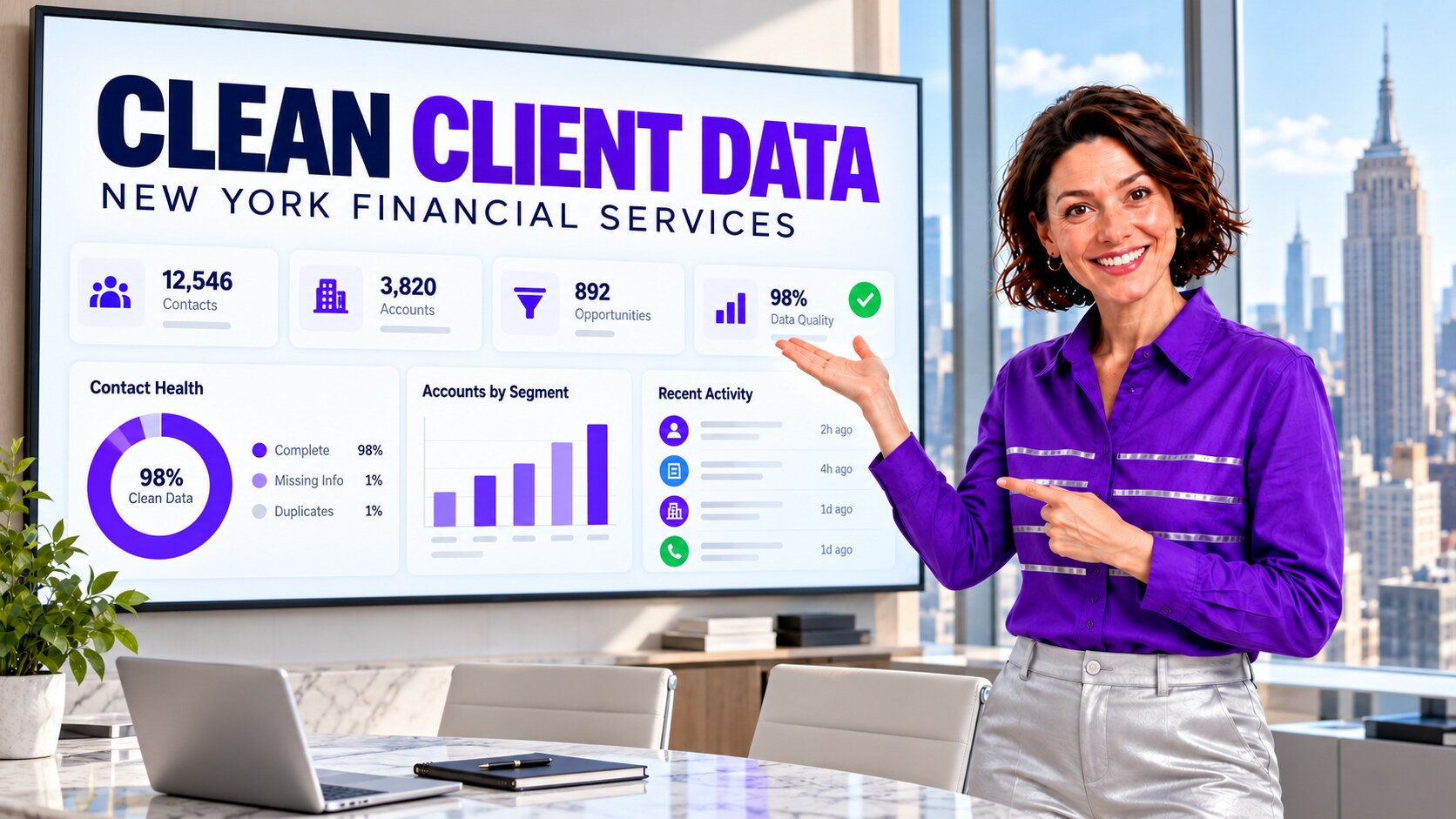 Presenter explaining clean client data for a New York financial-services Salesforce team