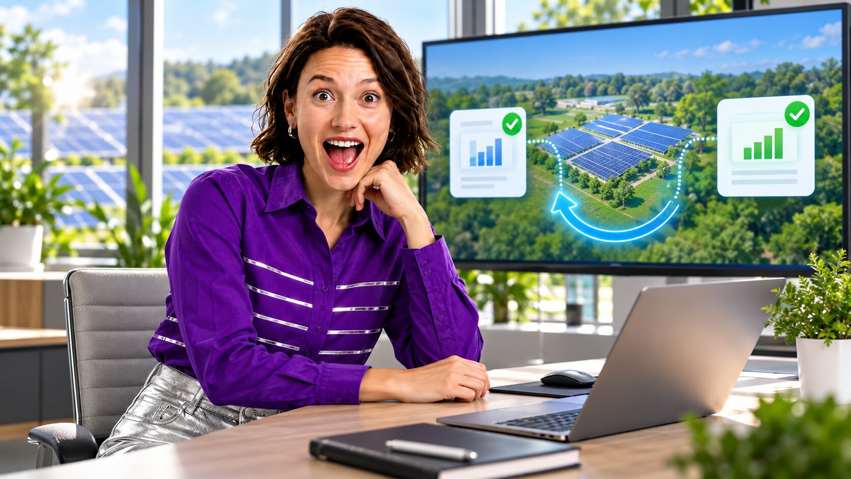 Presenter beside an illustrative solar project validation and recovery workflow