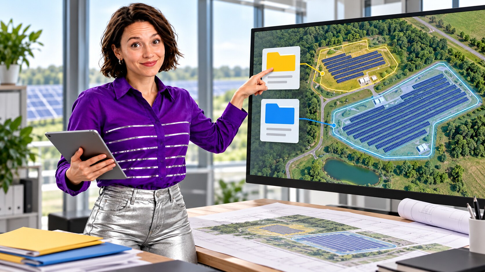 Presenter reviewing a solar site map with separate proposed capacity areas