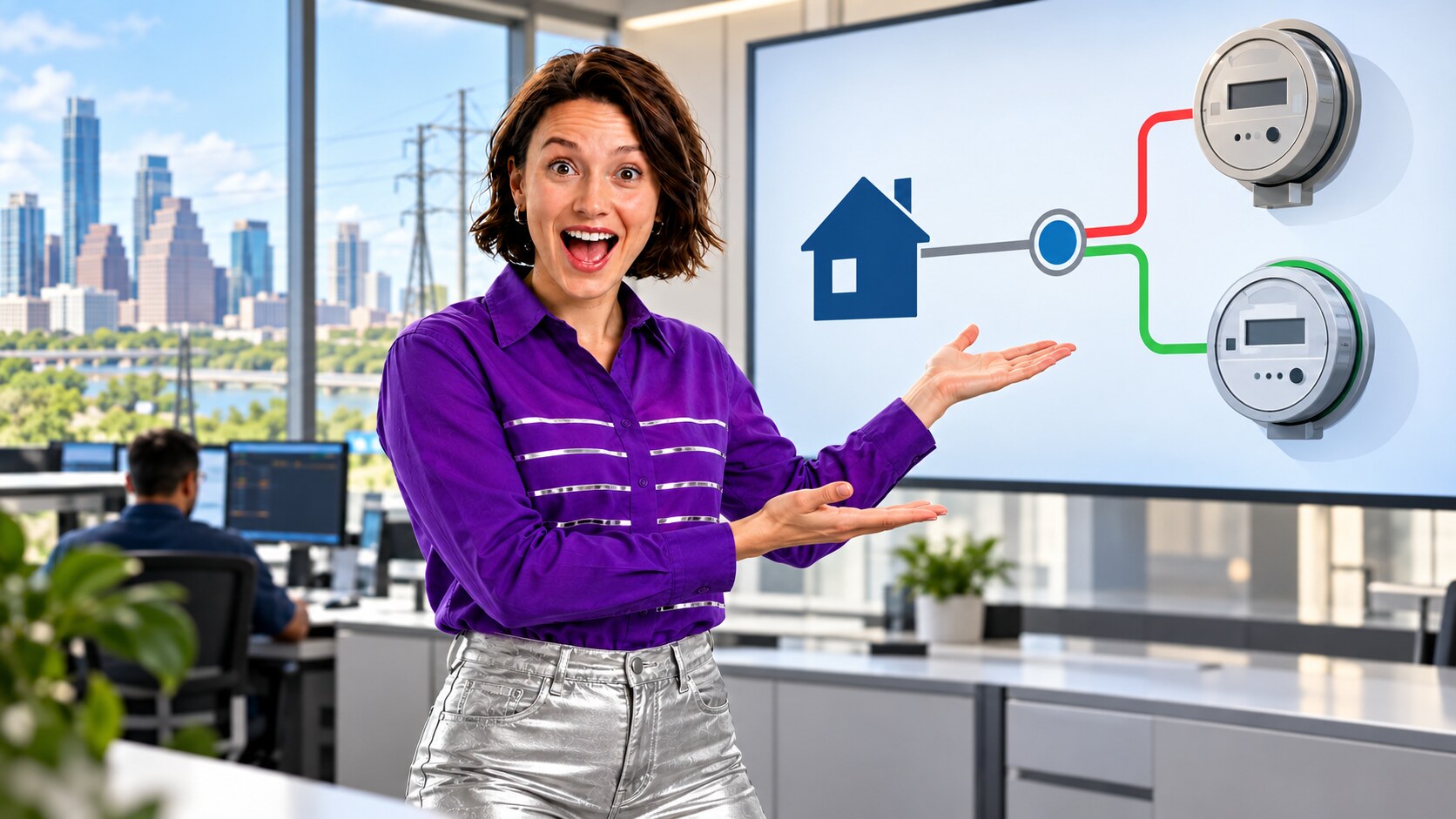 Presenter showing an illustrative Texas service point with old and replacement electric meters