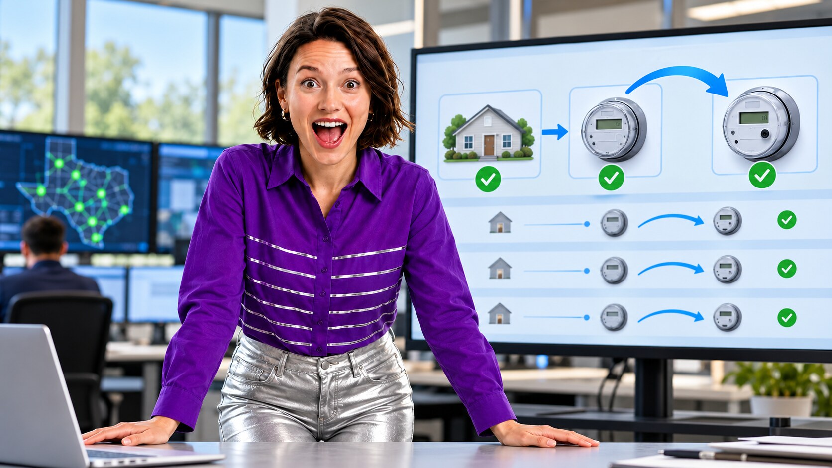 Presenter beside an illustrative electric service-point validation and recovery workflow