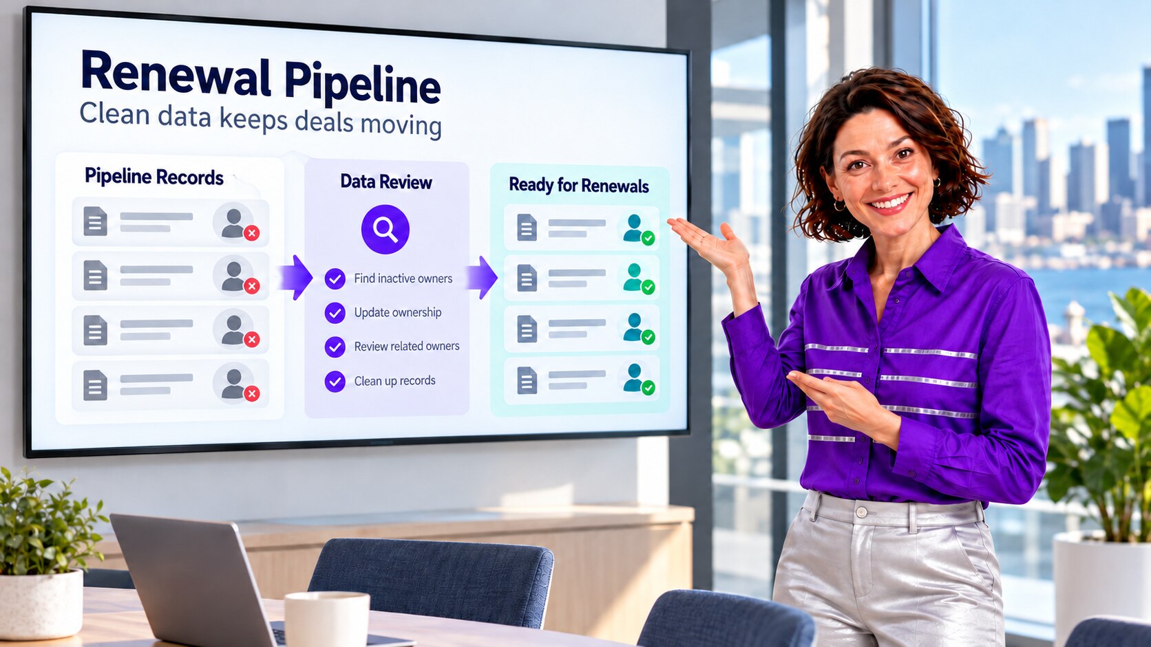 Presenter illustrating reviewed renewal ownership changes from inactive to active users