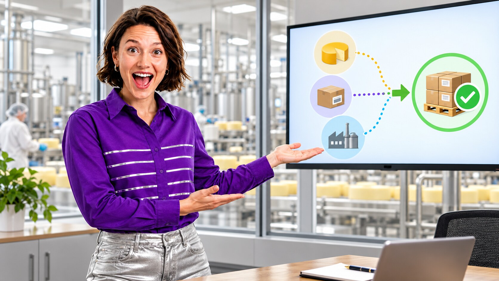 Presenter beside an illustrative product, lot and source to shipment diagram in a cheese plant office