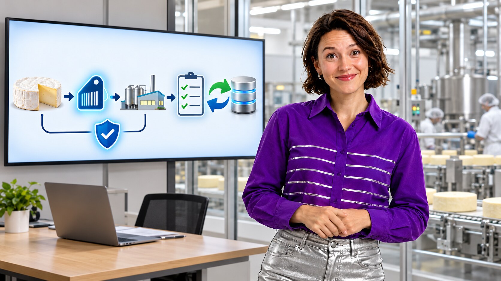 Presenter beside an illustrative cheese shipment validation and recovery diagram